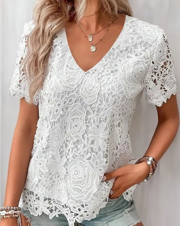 Women's Elegant White Lace V-Neck Blouse With Floral Cut-Out Detail Short Sleeve