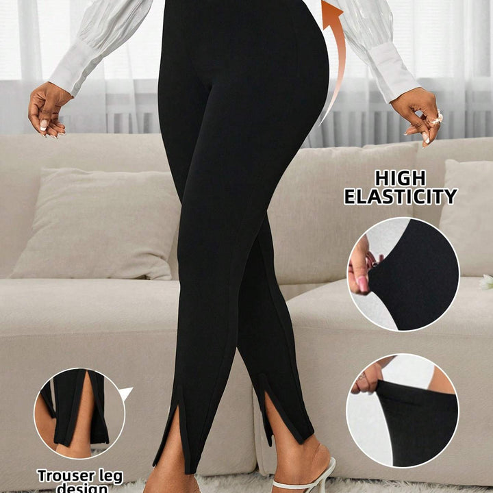 Women Elegant Contrast Color Split Hem Slim Fit Pants