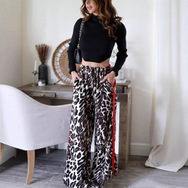 Leopard Print Stitching Temperament Loose-fitting Wide-leg Trousers