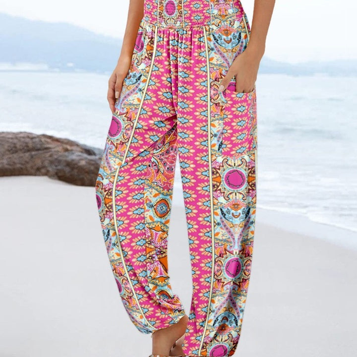 Sling Smocking Waist Positioning Printed Wide Leg Jumpsuit