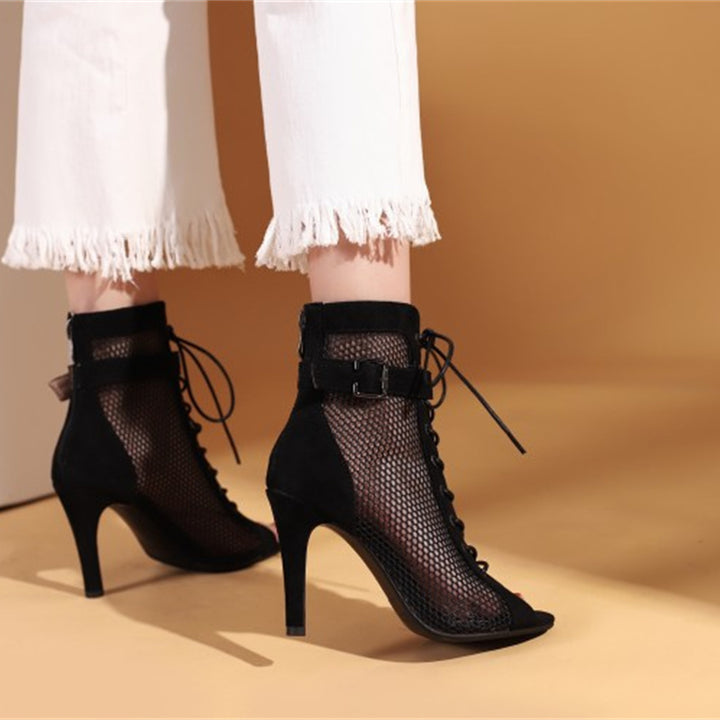 Stylish Peep Toe Hollow Mesh Cross Lace-up Buckle Dance High Heels