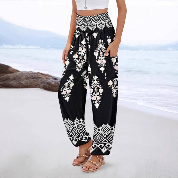 Sling Smocking Waist Positioning Printed Wide Leg Jumpsuit