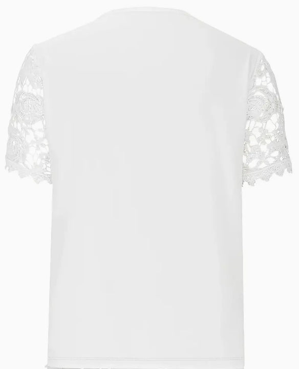 Women's Elegant White Lace V-Neck Blouse With Floral Cut-Out Detail Short Sleeve