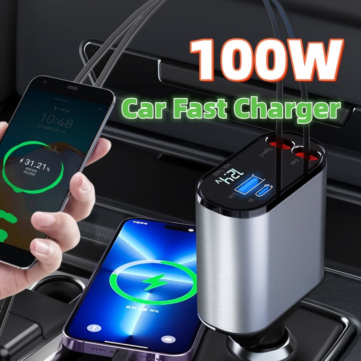 🚀 Metal Car Charger 100W – Super Fast Charging for USB &amp; Type-C Devices!