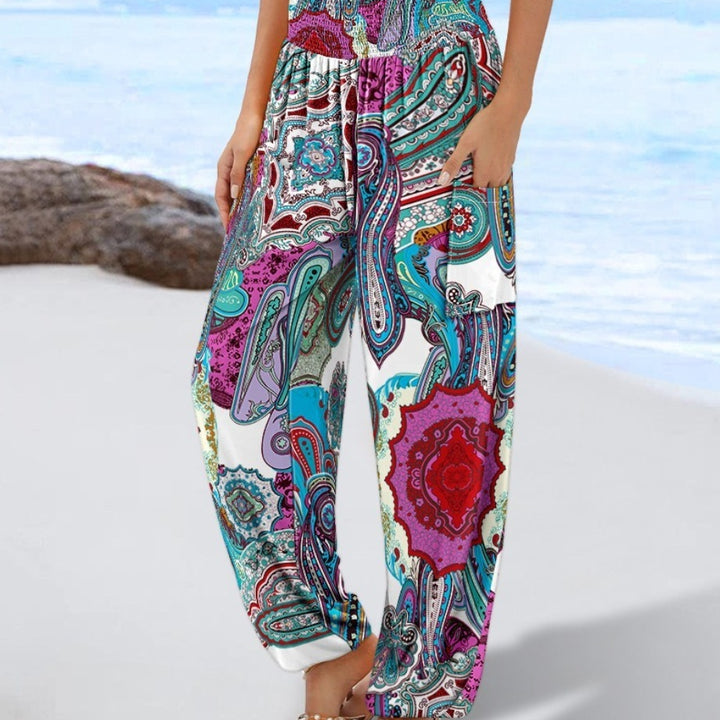 Sling Smocking Waist Positioning Printed Wide Leg Jumpsuit