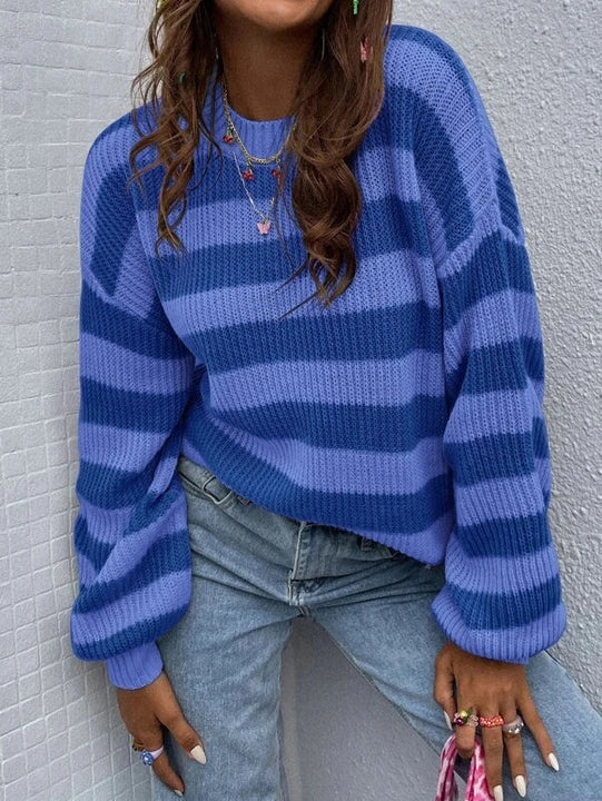 Autumn And Winter New Contrast Color Loose Shoulder Striped Pullover Sweater