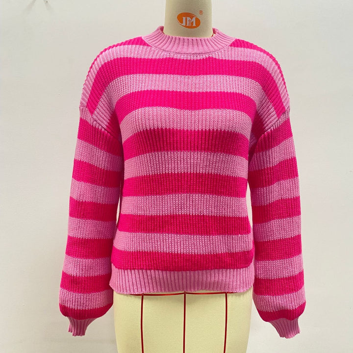 Autumn And Winter New Contrast Color Loose Shoulder Striped Pullover Sweater