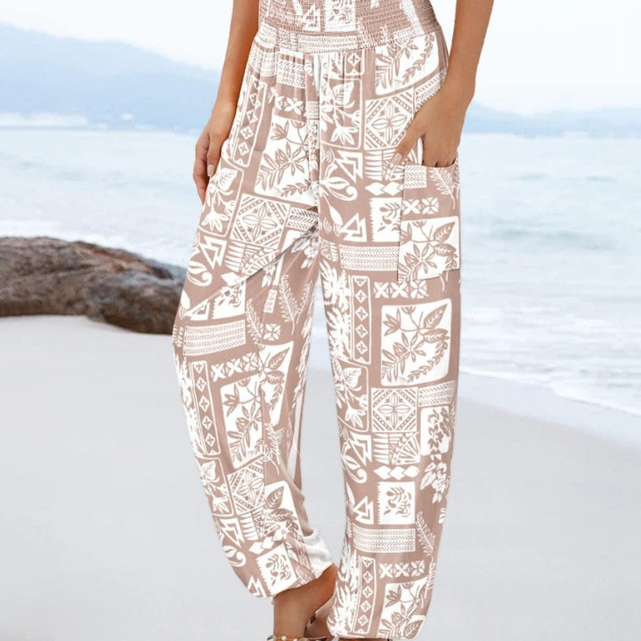 Sling Smocking Waist Positioning Printed Wide Leg Jumpsuit