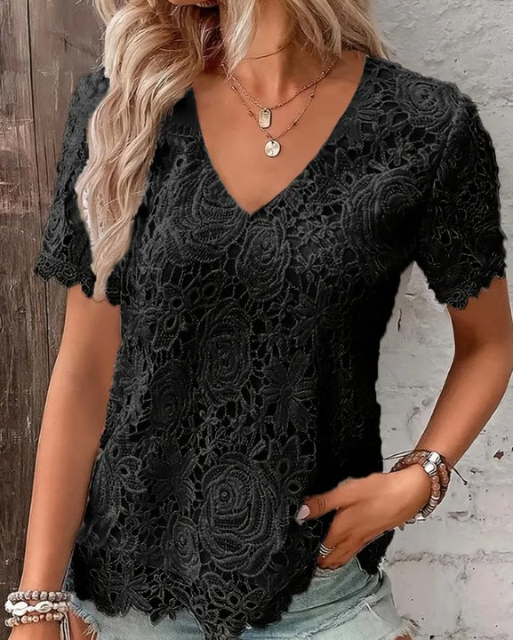 Women's Elegant White Lace V-Neck Blouse With Floral Cut-Out Detail Short Sleeve