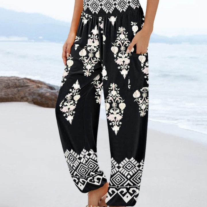 Sling Smocking Waist Positioning Printed Wide Leg Jumpsuit