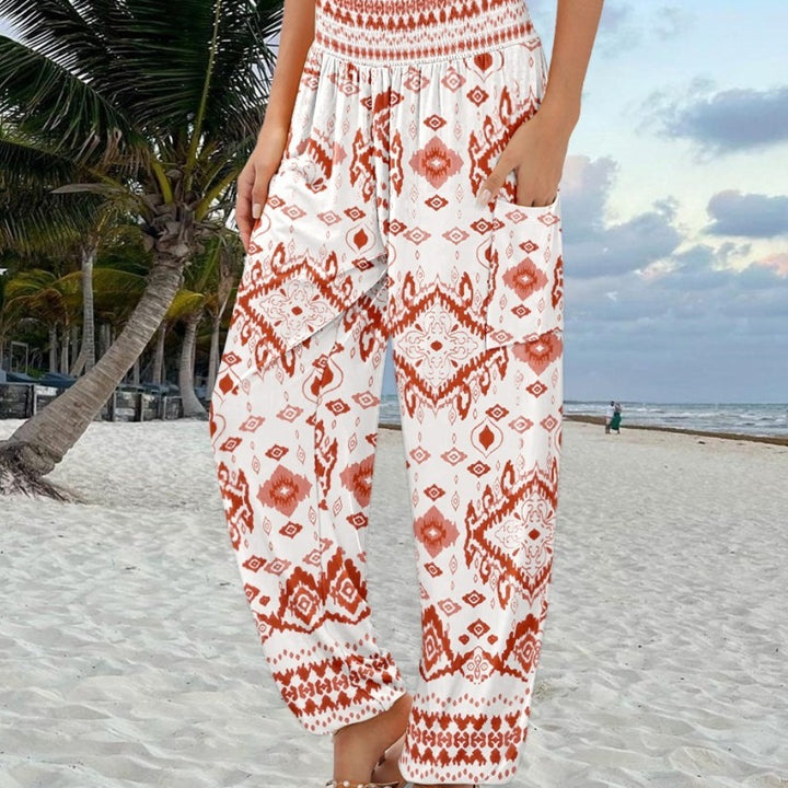 Sling Smocking Waist Positioning Printed Wide Leg Jumpsuit