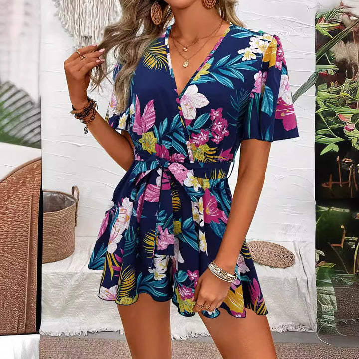 Beach Vacation Ruffle Sleeve Short Culottes Printed Jumpsuit