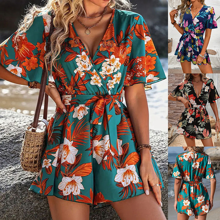 Beach Vacation Ruffle Sleeve Short Culottes Printed Jumpsuit