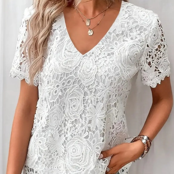 Women's Elegant White Lace V-Neck Blouse With Floral Cut-Out Detail Short Sleeve