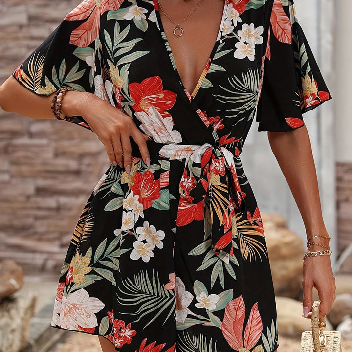 Beach Vacation Ruffle Sleeve Short Culottes Printed Jumpsuit