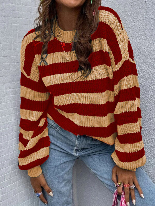 Autumn And Winter New Contrast Color Loose Shoulder Striped Pullover Sweater