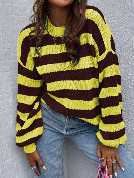 Autumn And Winter New Contrast Color Loose Shoulder Striped Pullover Sweater