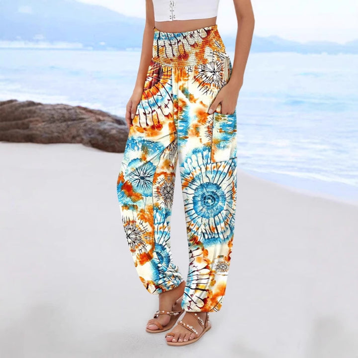 Sling Smocking Waist Positioning Printed Wide Leg Jumpsuit