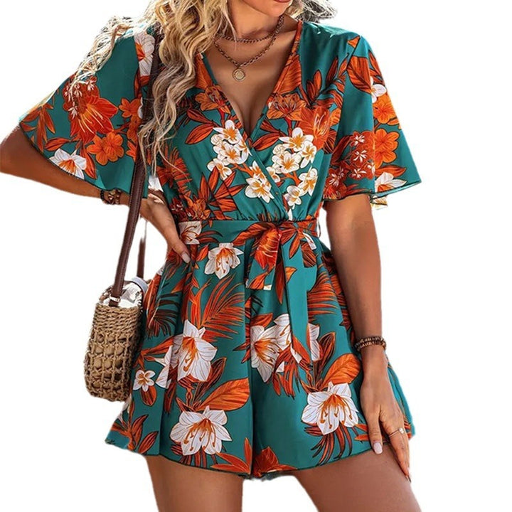 Beach Vacation Ruffle Sleeve Short Culottes Printed Jumpsuit