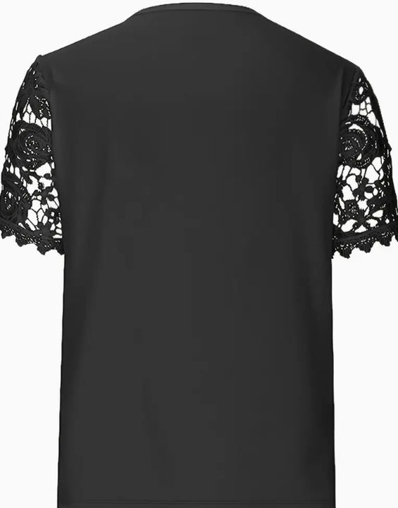 Women's Elegant White Lace V-Neck Blouse With Floral Cut-Out Detail Short Sleeve