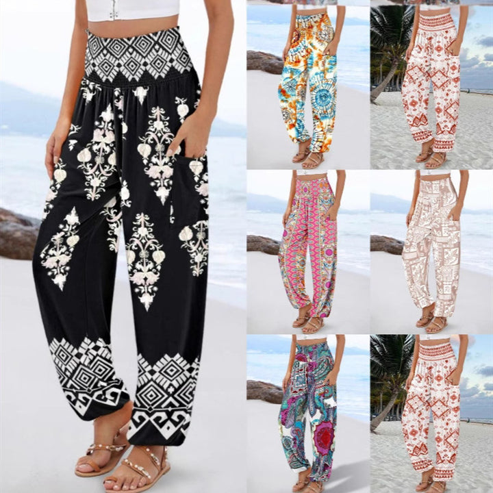 Sling Smocking Waist Positioning Printed Wide Leg Jumpsuit